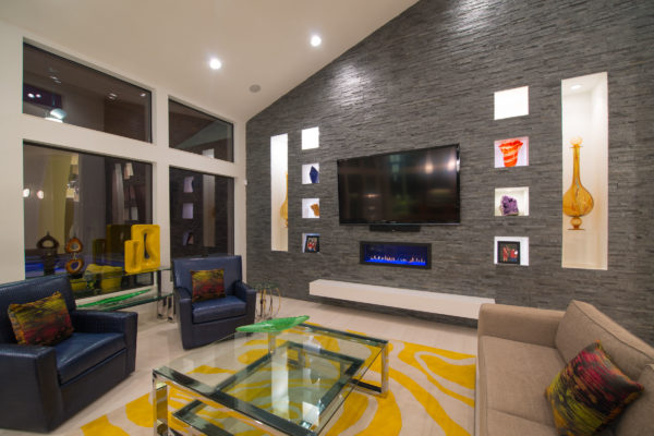 Gray Brick Wall in a Contemporary Living Room - San Antonio Custom Home